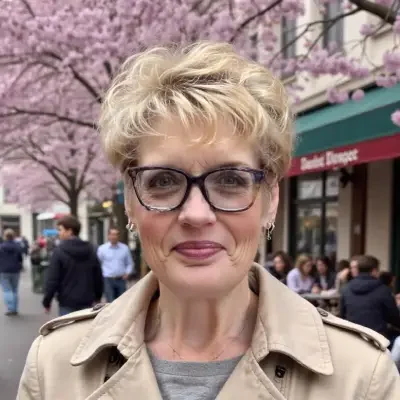 staff member in beige suit and glasses smiling with platinum hair